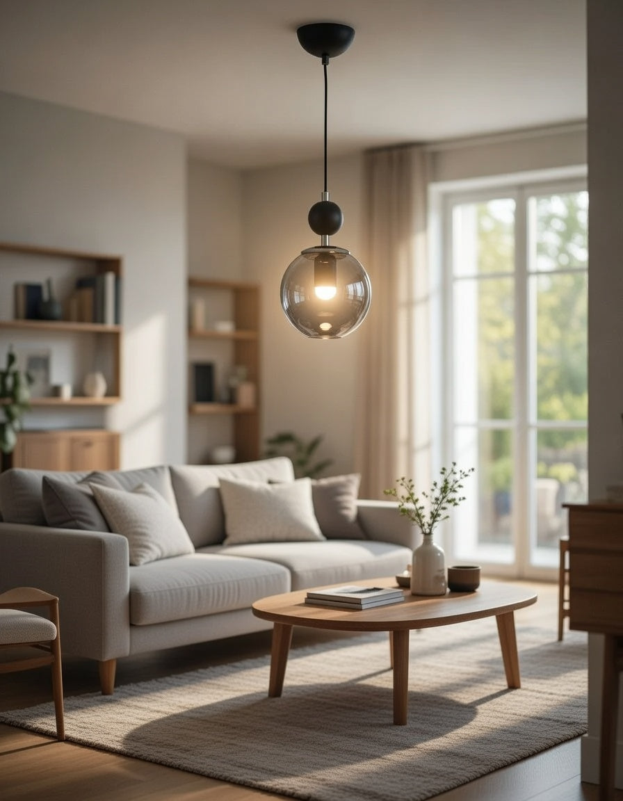 Lustre Suspendu Globe Transparent Argenté Design Moderne Noir