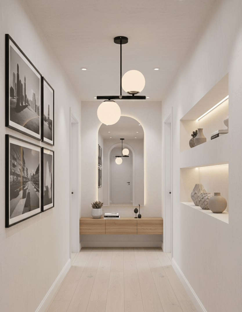 Lustre 2 globes opale blanc structure noire chromée couloir contemporain arche parquet – Lumidestock