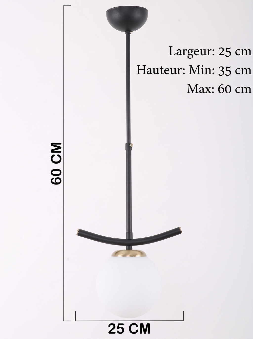 Schéma technique de la suspension globe opale hauteur réglable de 35 à 60 cm