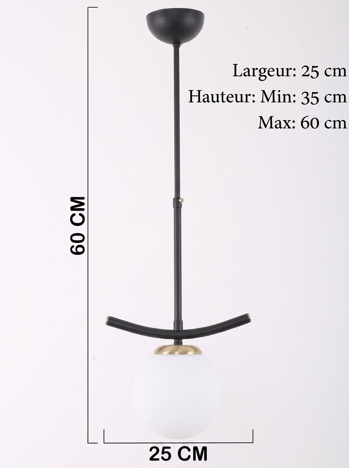 Schéma technique de la suspension globe opale hauteur réglable de 35 à 60 cm
