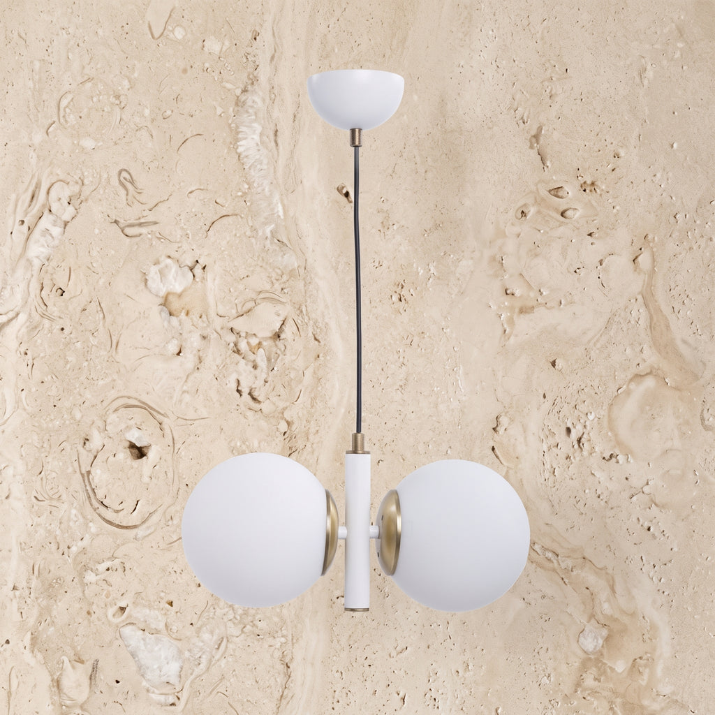 Lustre suspension double globe blanc et or design moderne