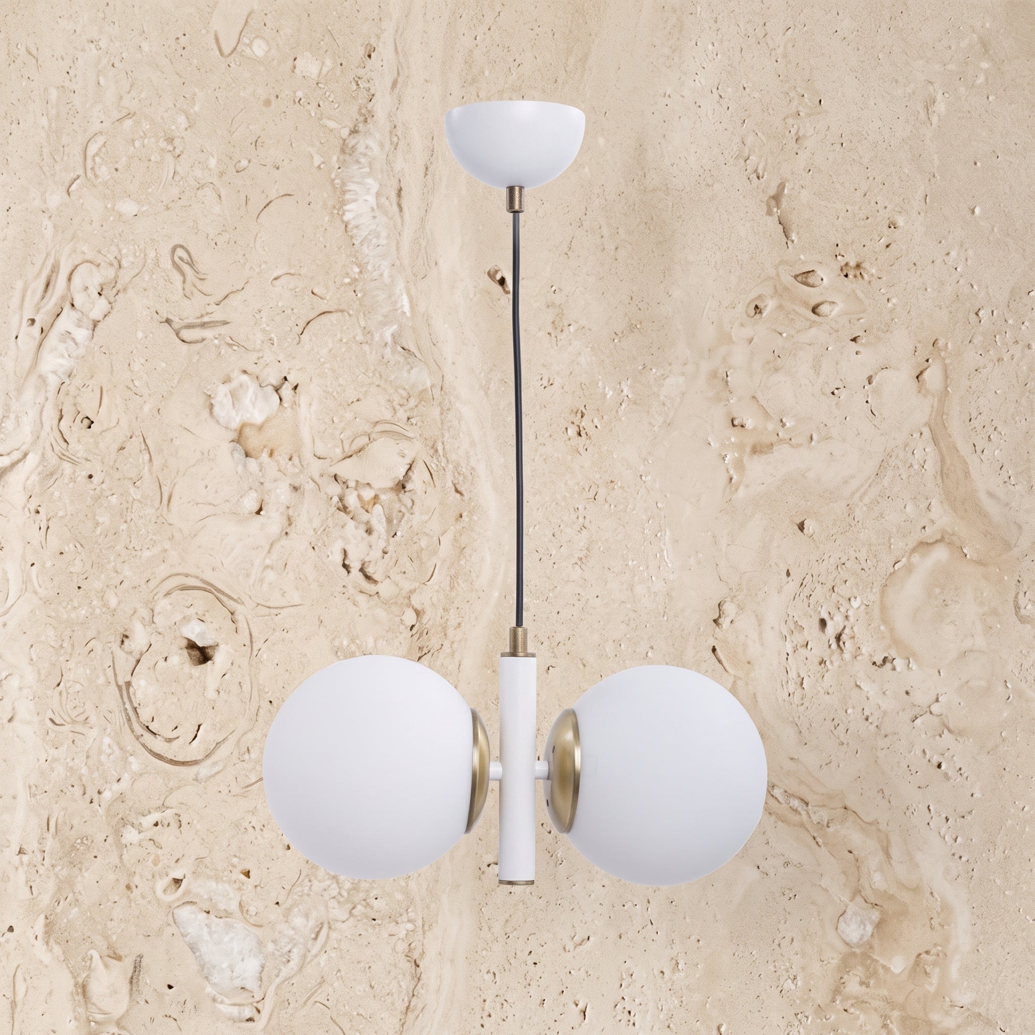Lustre suspension double globe blanc et or design moderne