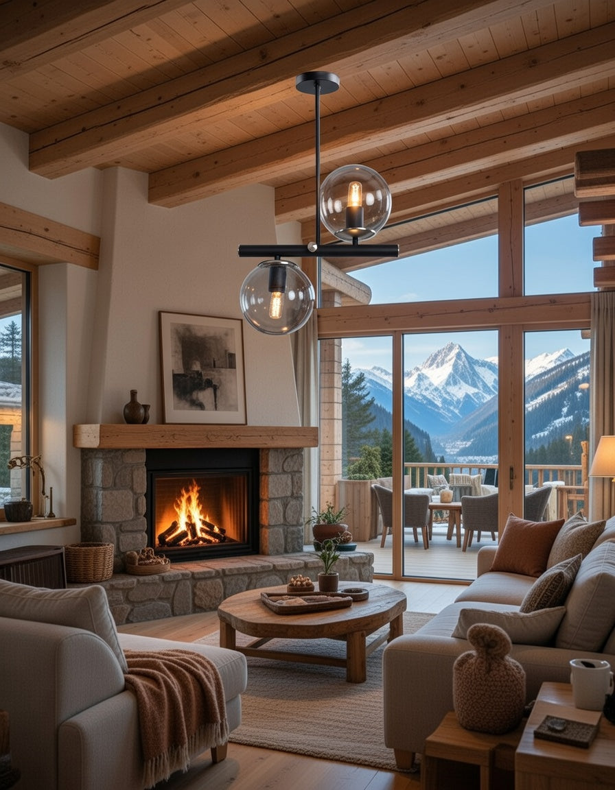 Lustre 2 Lumières Globes Fumés Transparents Structure Noire Design Moderne