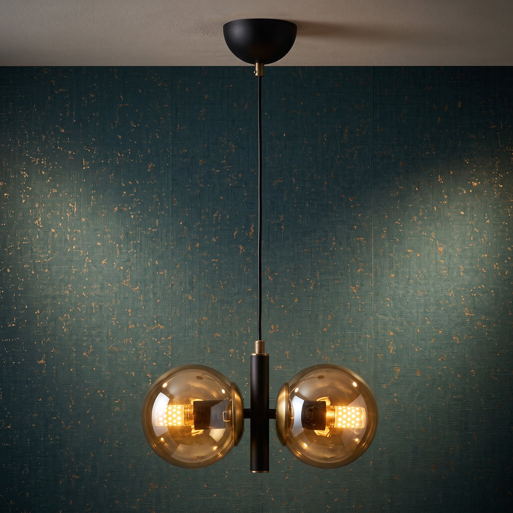 Lustre suspension double globe noir mat et doré verre ambré IP40
