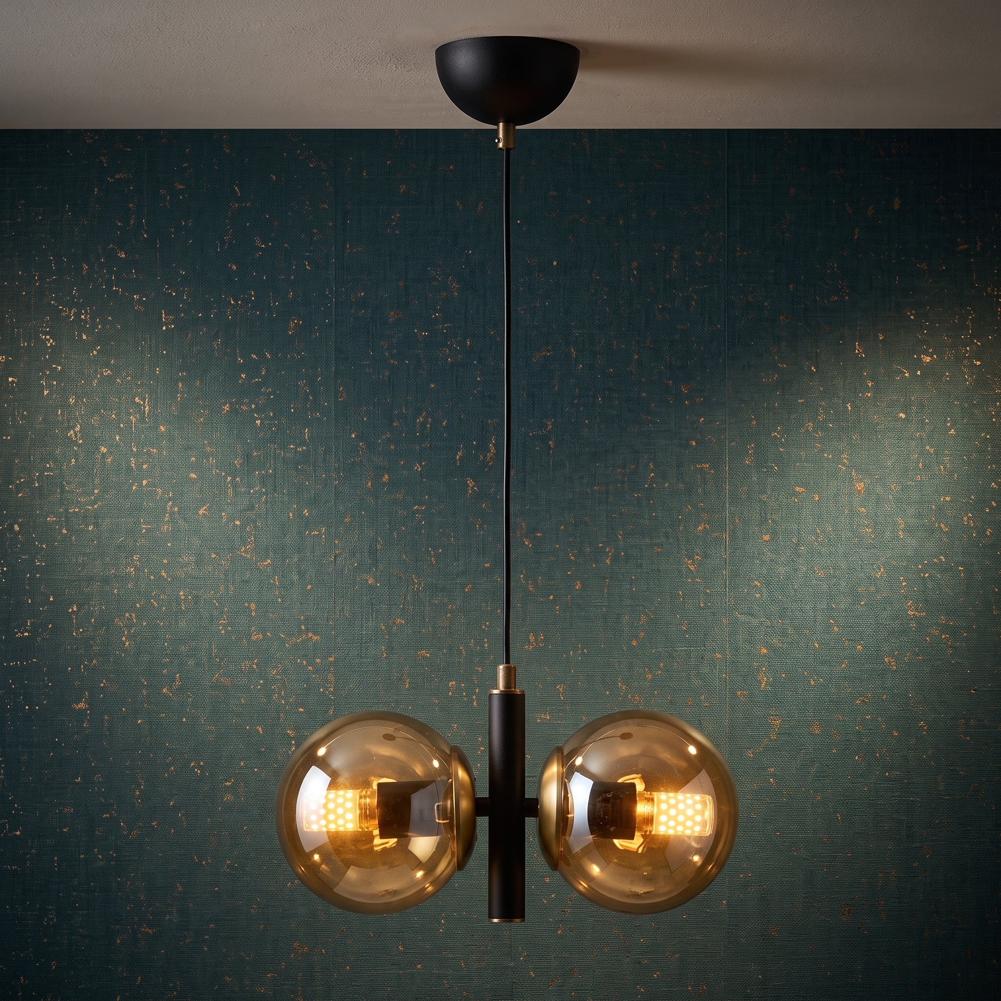 Lustre suspension double globe noir mat et doré verre ambré IP40