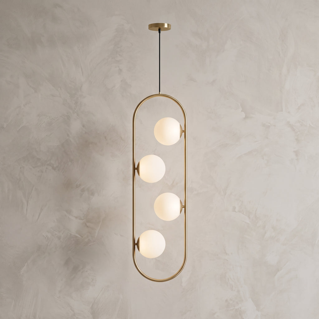 Lustre 4 globes opale doré 100 cm suspension moderne