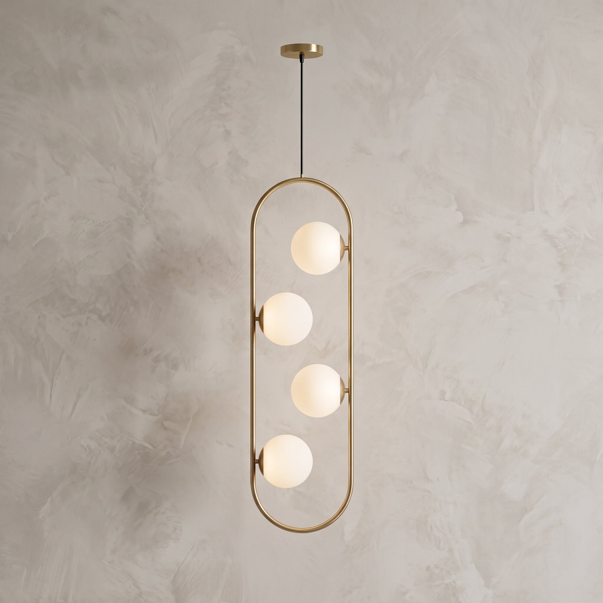 Lustre 4 globes opale doré 100 cm suspension moderne