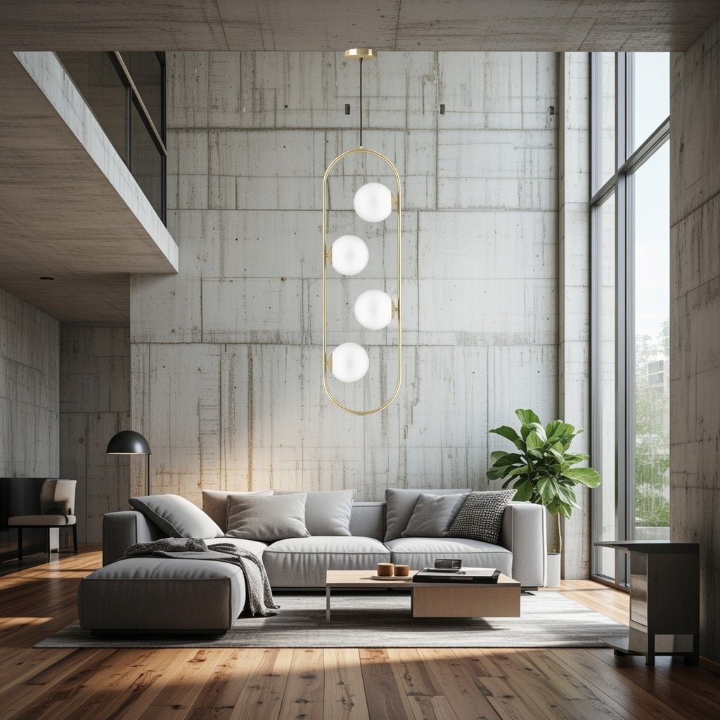 Lustre suspendu 4 globes verre opale structure dorée 100cm design moderne – Lumidestock