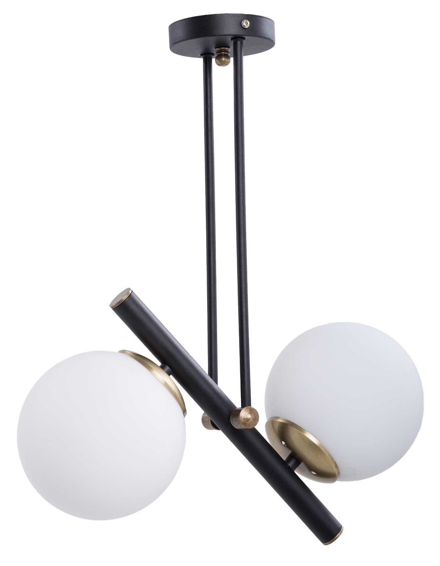 Lustre 2 Lumières Globes Blancs Opale Structure Noire Détails Dorés Design Moderne