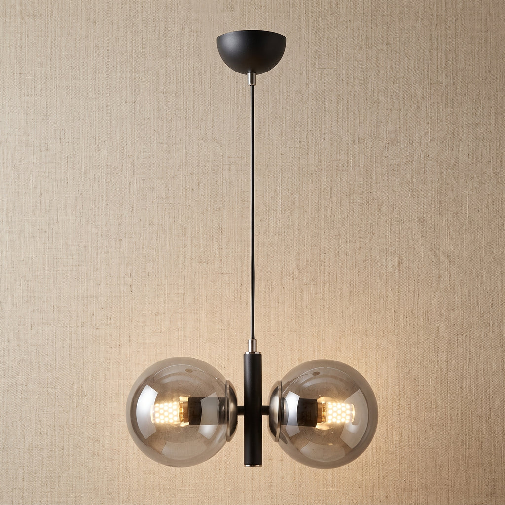 Lustre suspension double globe noir mat chrome verre transparent IP40