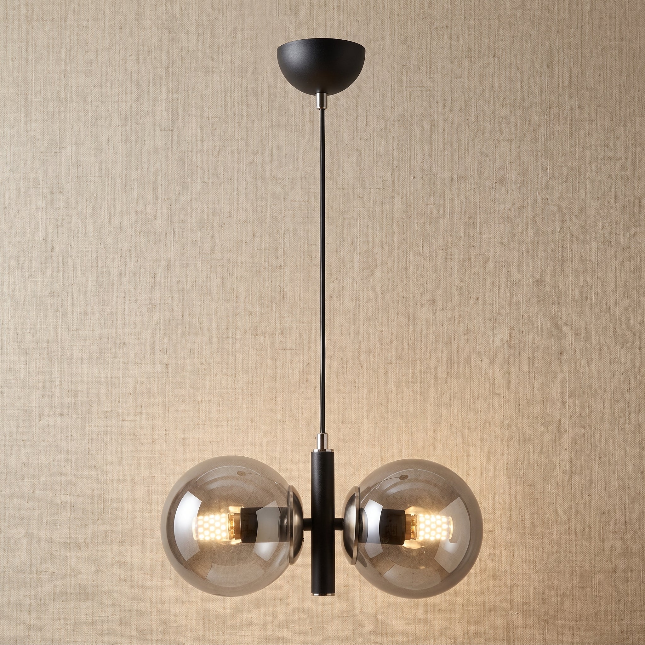 Lustre suspension double globe noir mat chrome verre transparent IP40