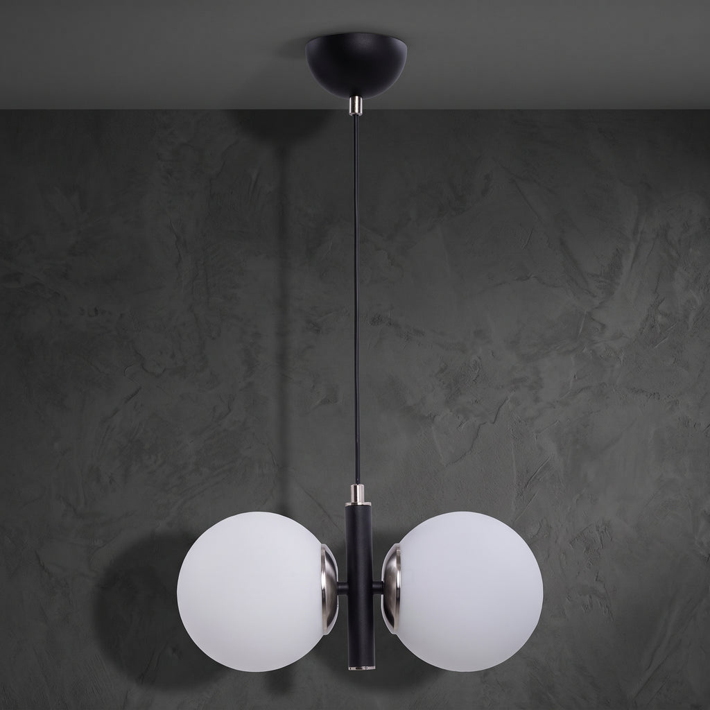 Lustre suspension double globe noir mat chrome verre opale blanc IP40