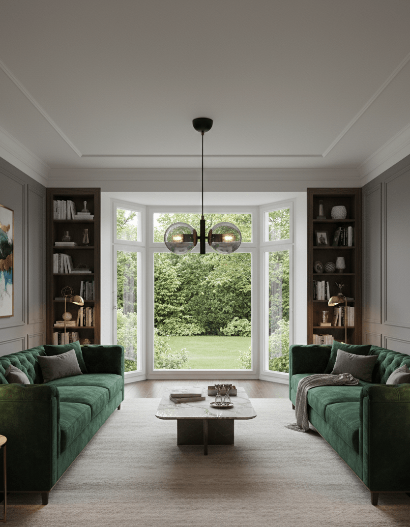 Lustre double globe noir laiton installé dans salon contemporain
