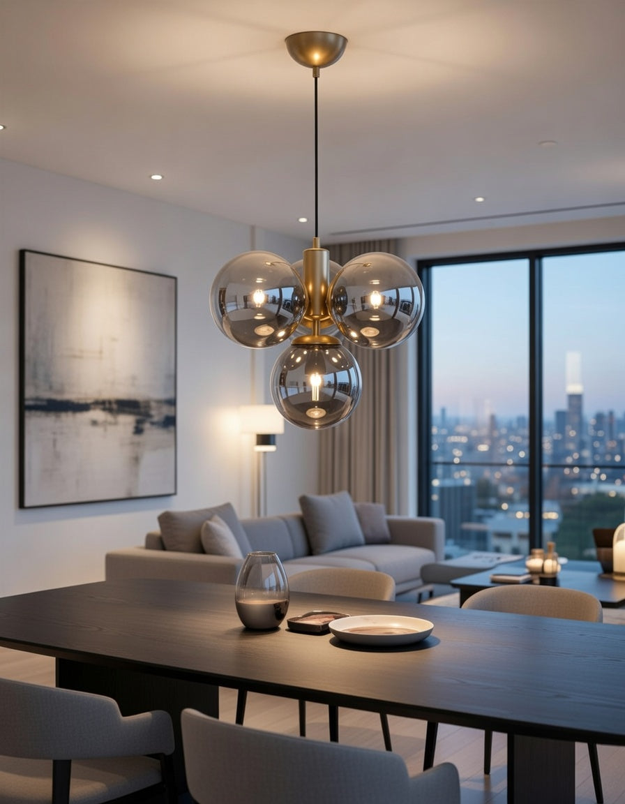 Suspension 4 globes fumé finition laiton brossé