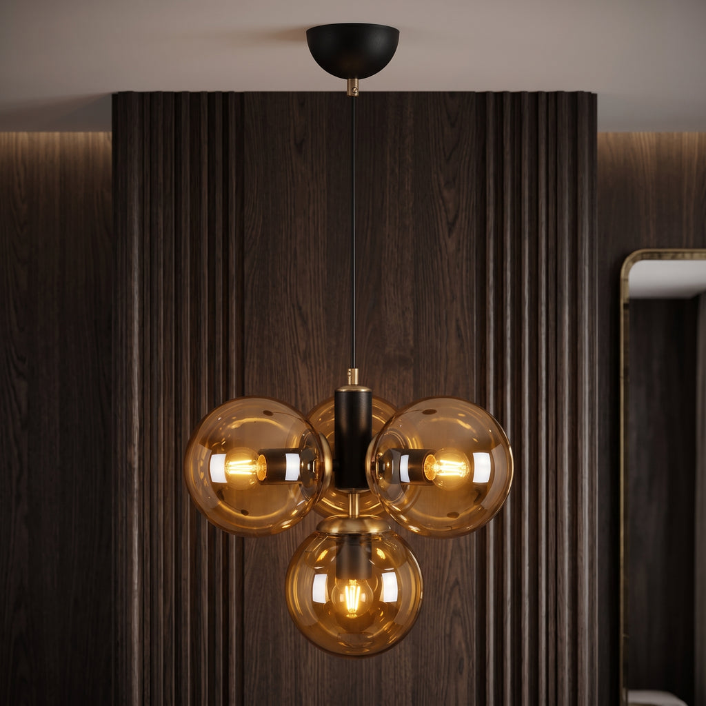 Suspension 4 globes ambré noir mat et laiton design moderne IP40