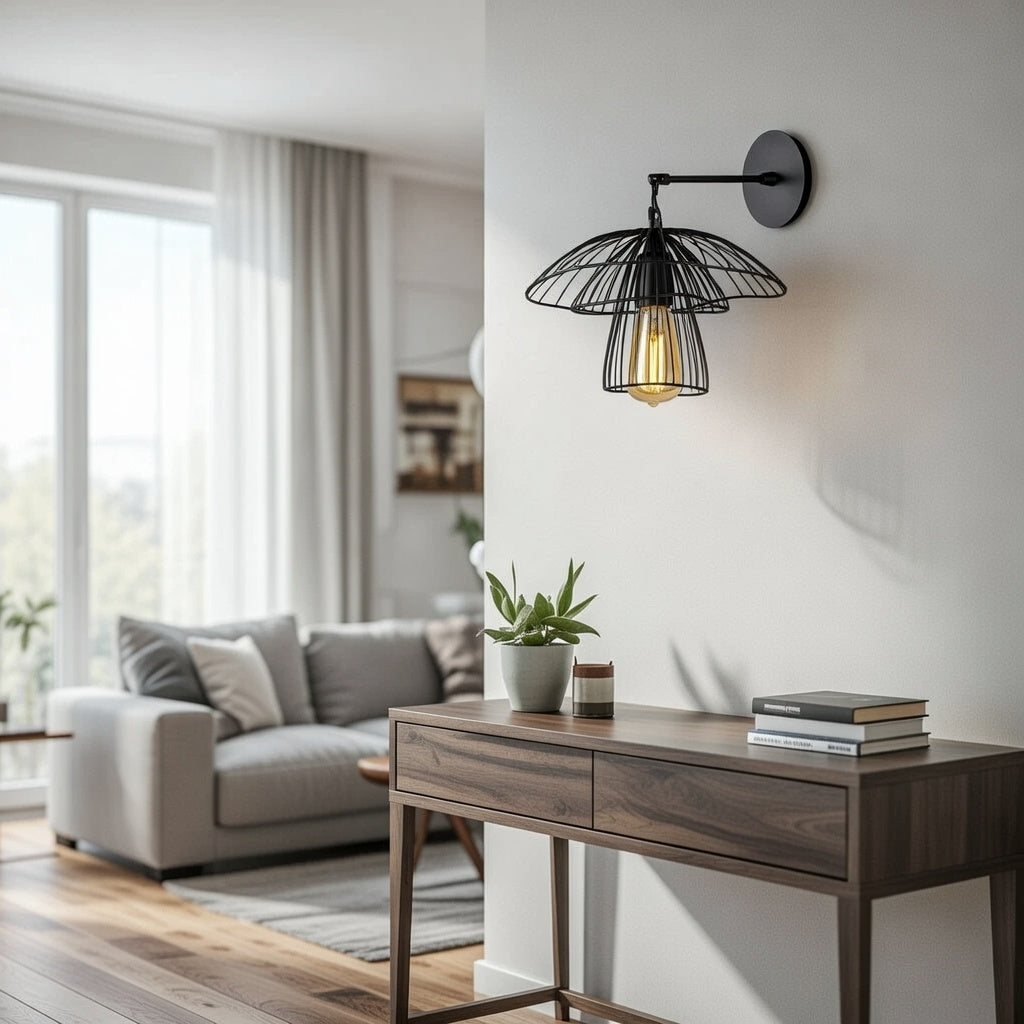 Applique champignon noir installée dans un intérieur contemporain