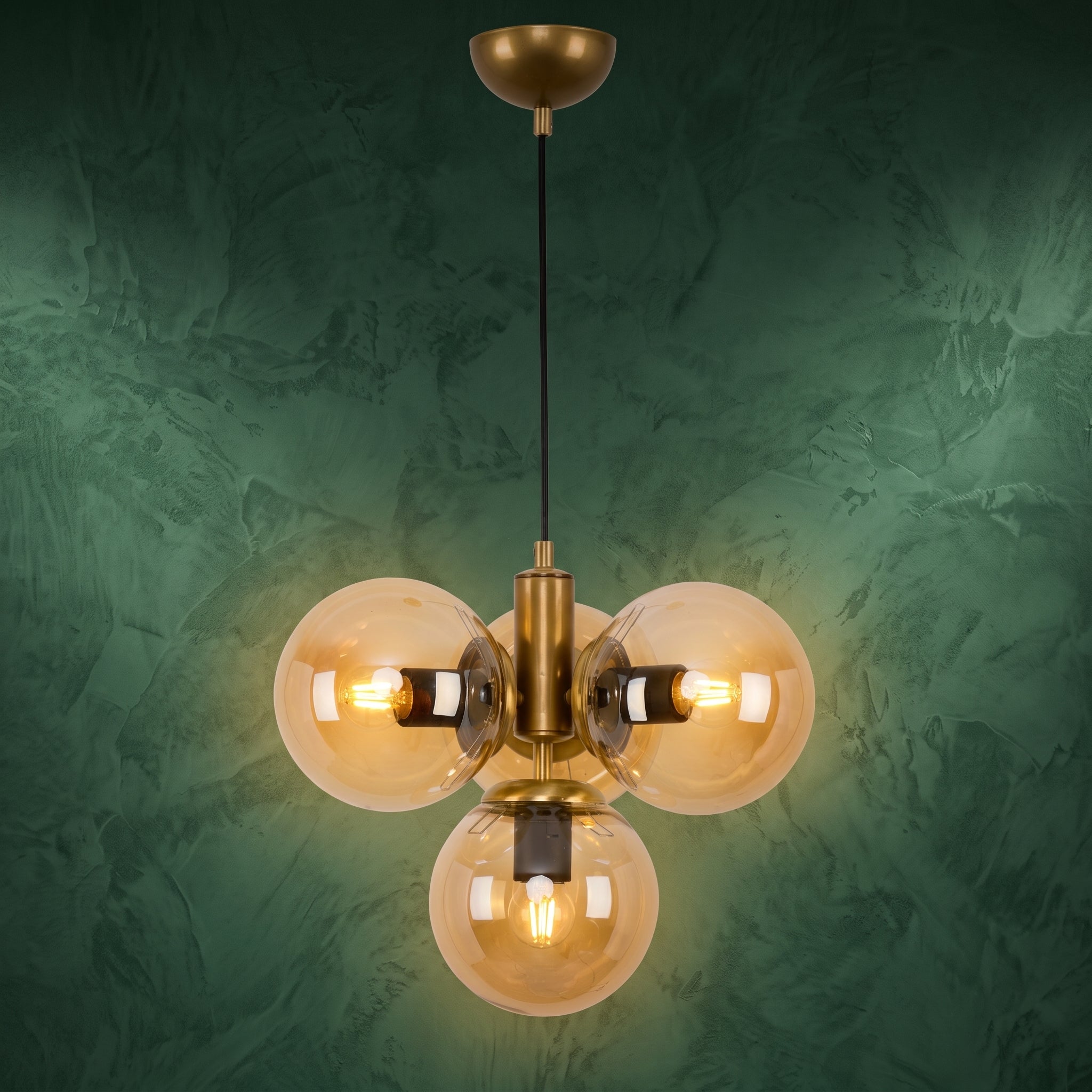 Suspension 4 globes ambré laiton brossé design moderne IP40