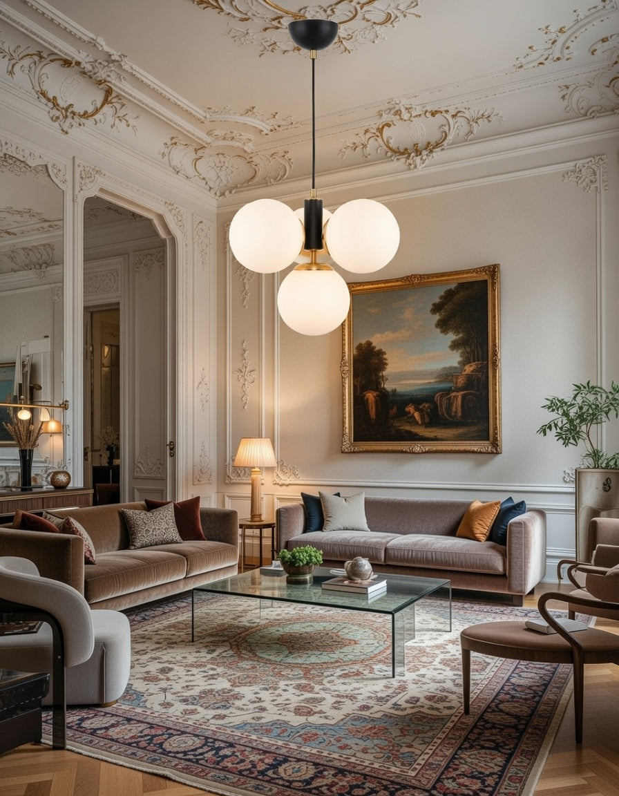 Suspension 4 globes opalin blanc noir mat et laiton 35x32cm 4xE27