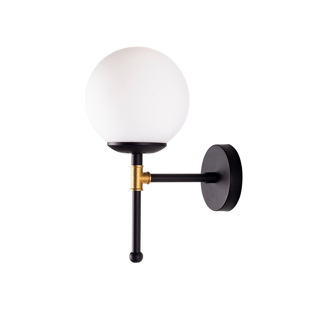 Applique murale KRUVA globe verre opale blanc — structure métal noir mat et détails dorés, culot E27