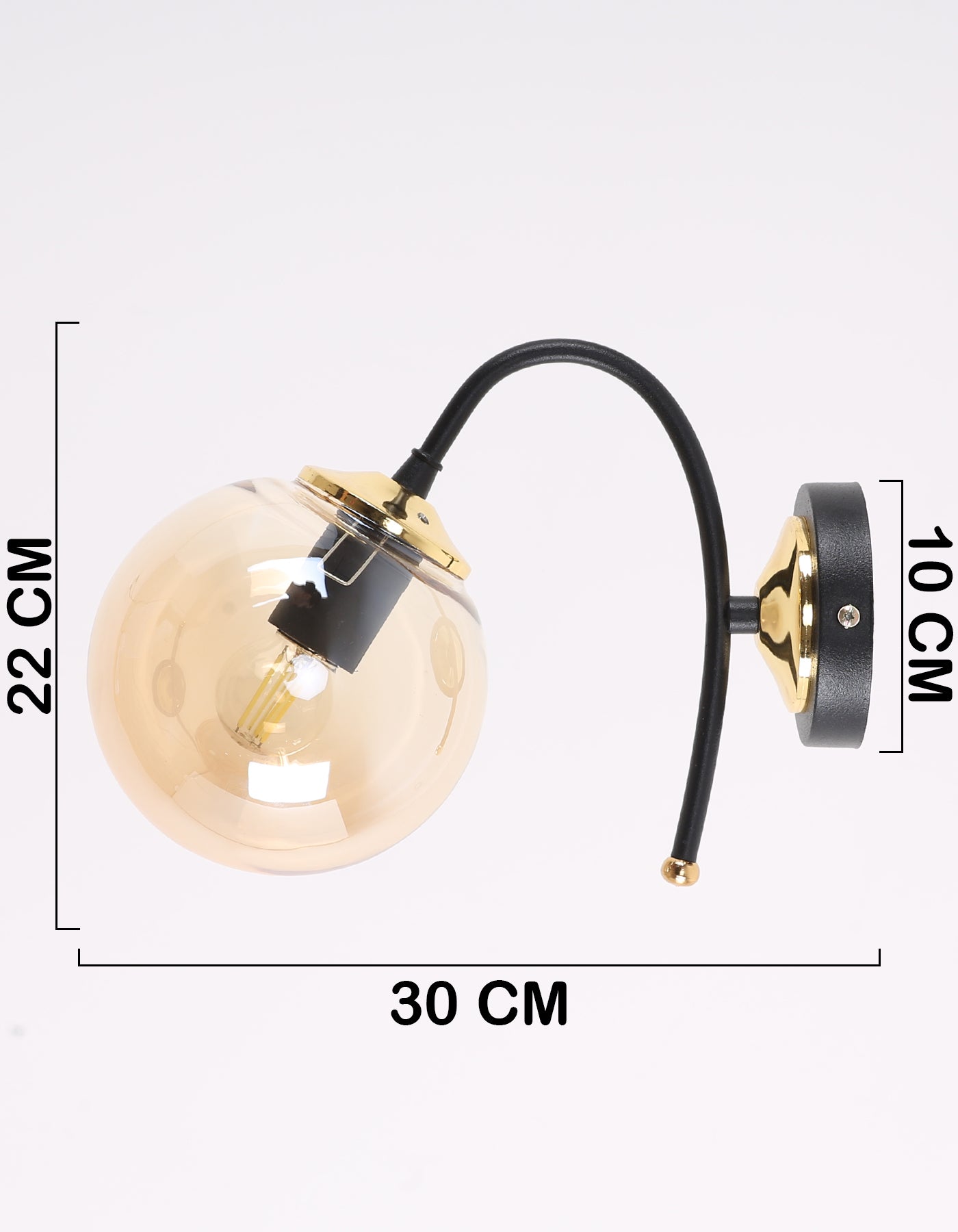 Applique Murale Globe Ambré Transparent Structure Noire Détails Dorés Design Moderne