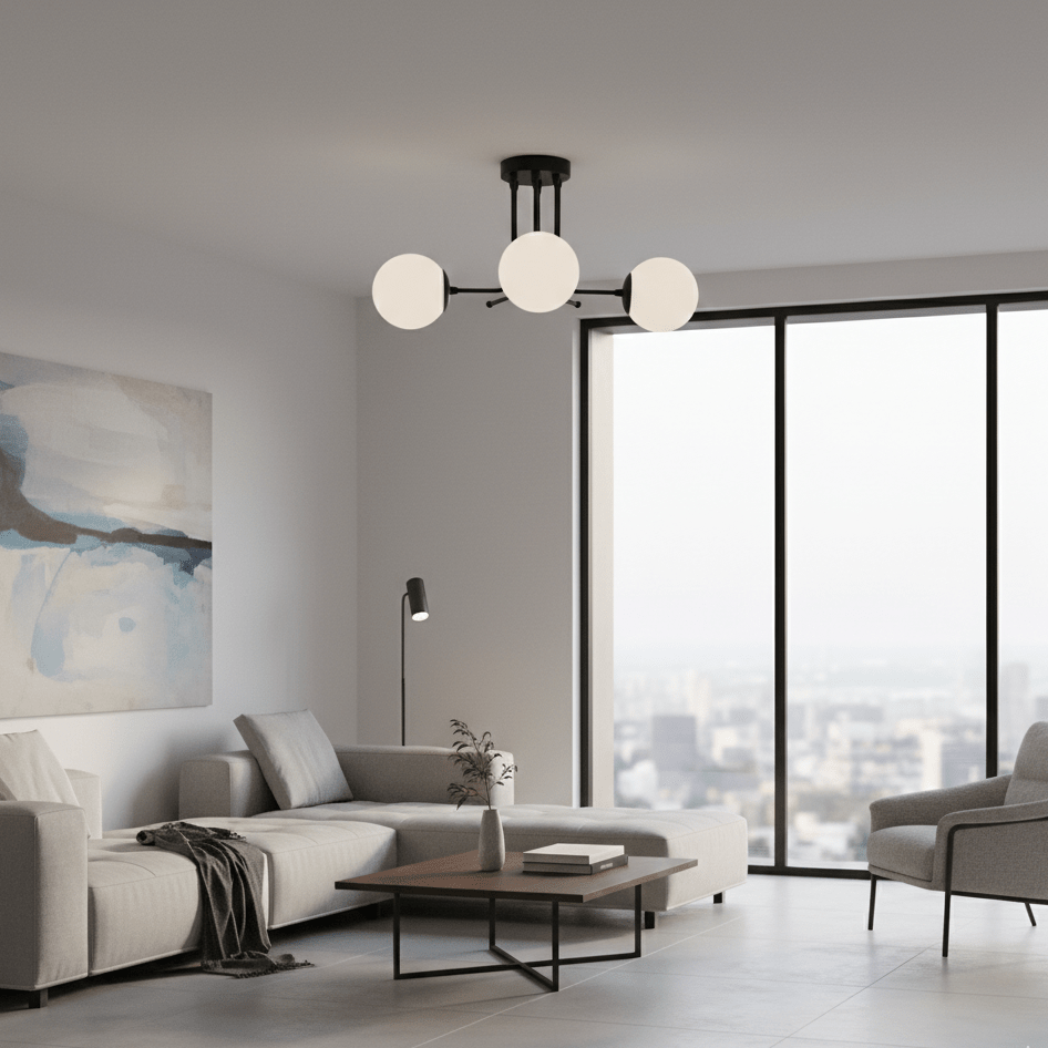 Plafonnier 3 globes scandinave installé dans salon