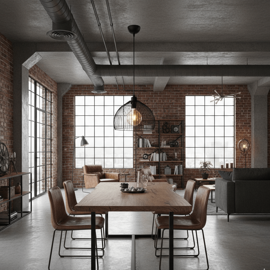 Lustre cage cylindrique installé au-dessus d'une table dans salon type loft