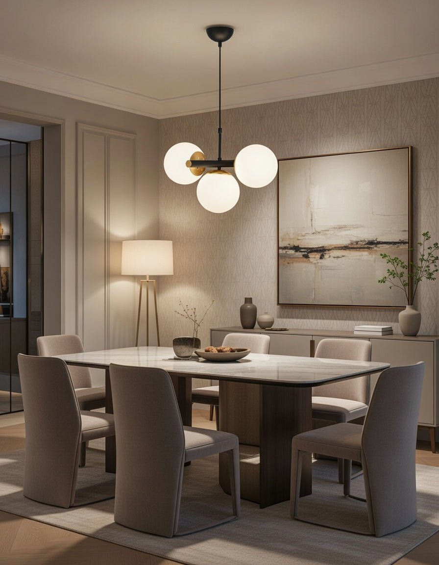 Lustre 3 globes blanc opalin noir doré installé dans salon