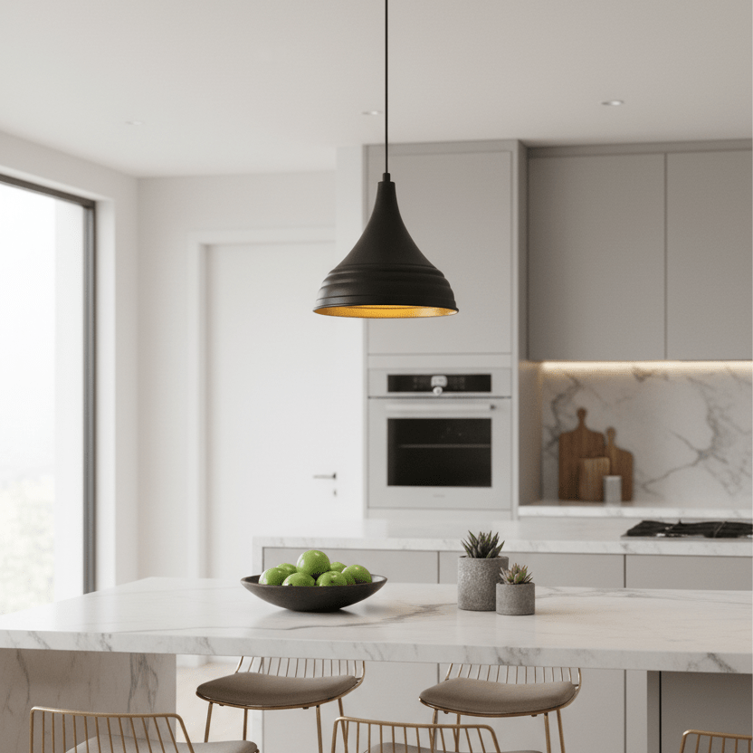 Suspension cloche industrielle noir mat nervuré intérieur doré Ø25cm cuisine îlot Lumidestock