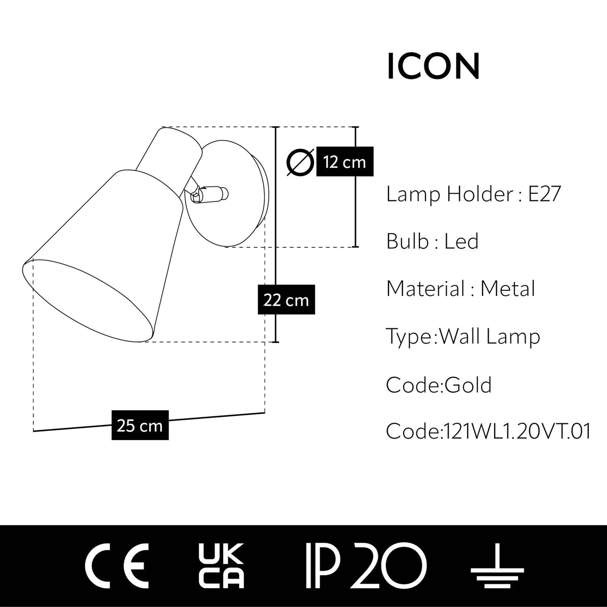 Dimensions et caractéristiques techniques de l'applique murale liseuse orientable dorée