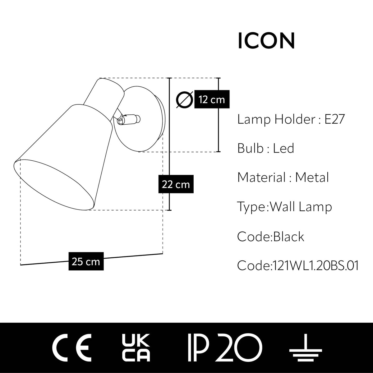 Dimensions et caractéristiques techniques de l'applique murale liseuse orientable noir mat et doré