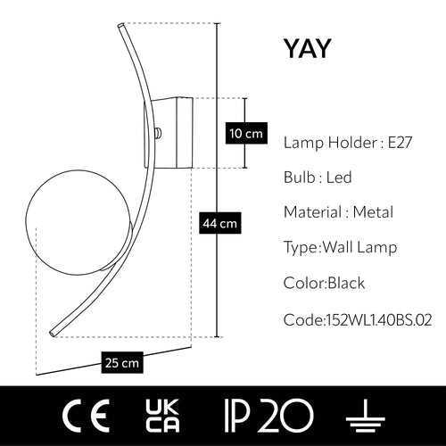 Dimensions de l'applique murale à arc noir mat, hauteur 44 cm et profondeur 25 cm
