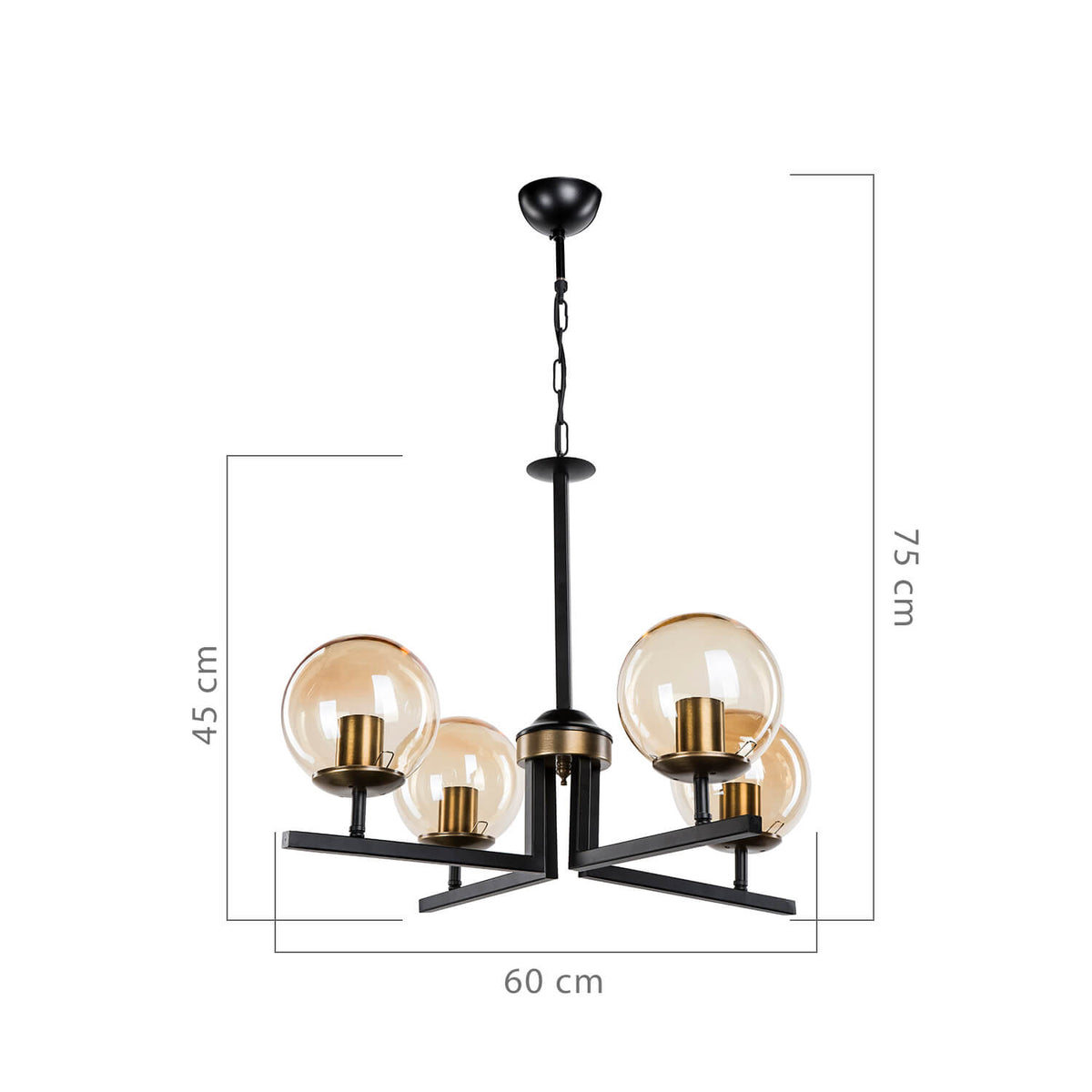 Dimensions du lustre 4 globes ambrés, largeur 60 cm et hauteur totale jusqu’à 75 cm