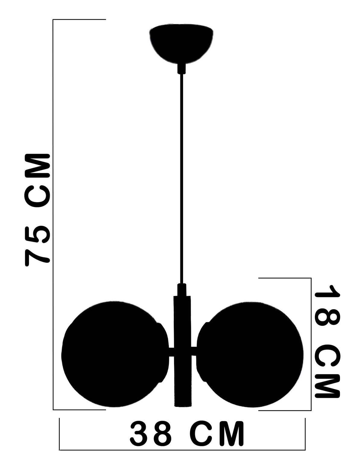 Dimensions de la suspension 2 globes blanc opale, largeur 38 cm et hauteur totale 75 cm