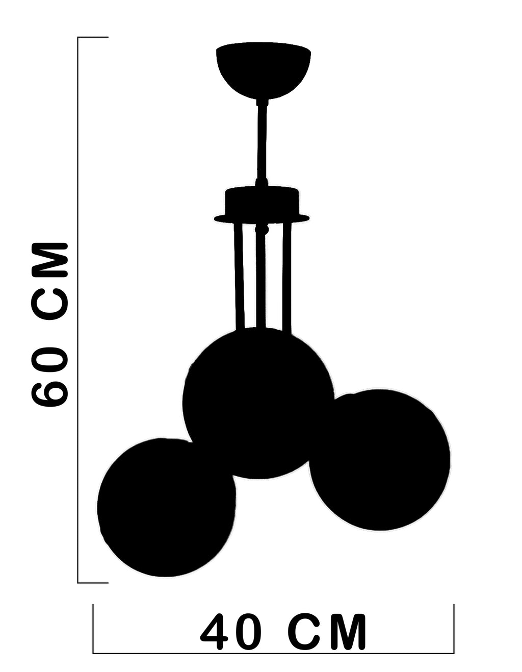 Dimensions de la suspension 3 globes, largeur 40 cm et hauteur 60 cm