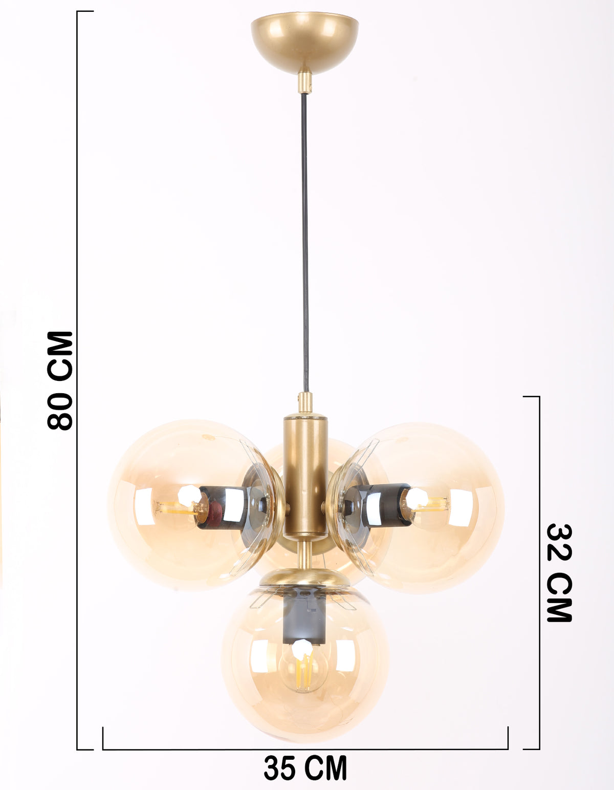 Dimensions de la suspension 4 globes ambrés, largeur 35 cm et hauteur jusqu’à 80 cm