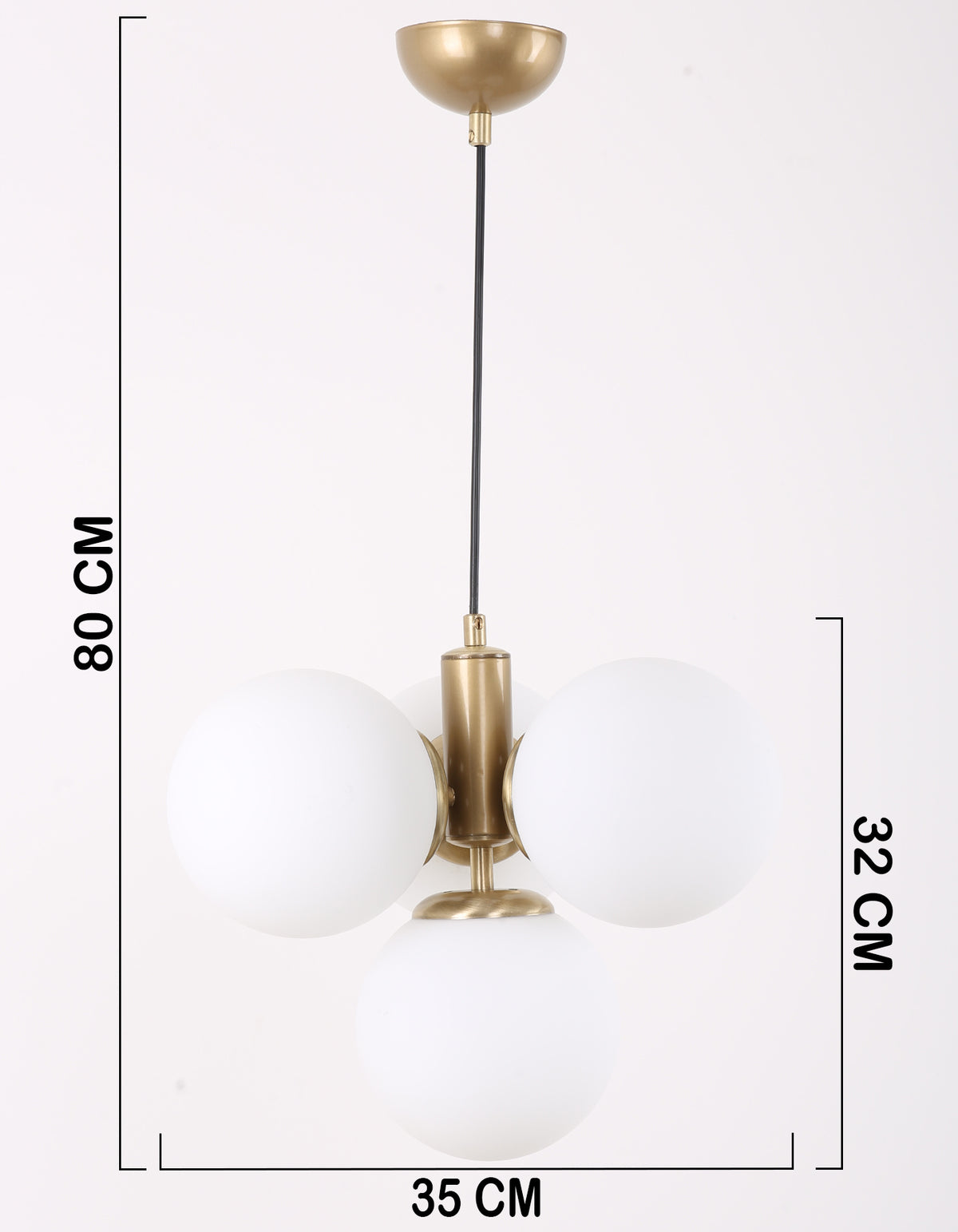 Dimensions de la suspension 4 globes blanc opale, largeur 35 cm et hauteur jusqu’à 80 cm