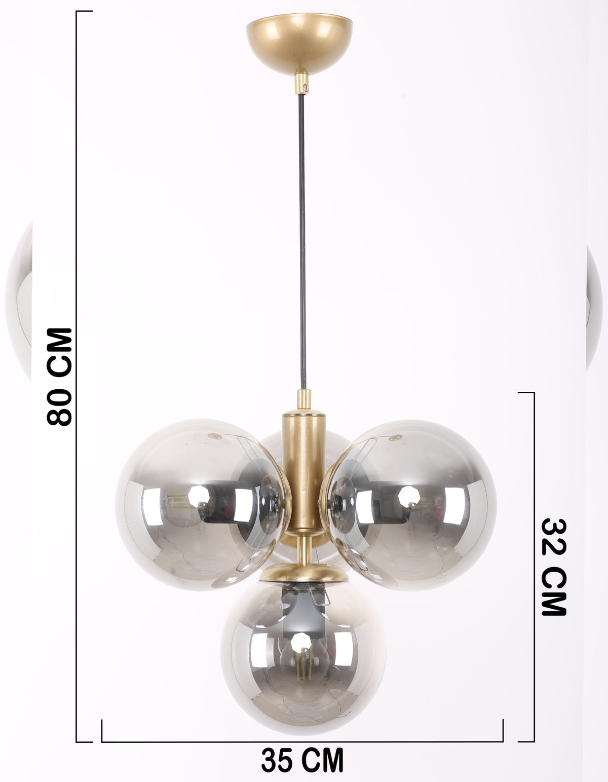 Dimensions de la suspension 4 globes fumés, largeur 35 cm et hauteur jusqu’à 80 cm