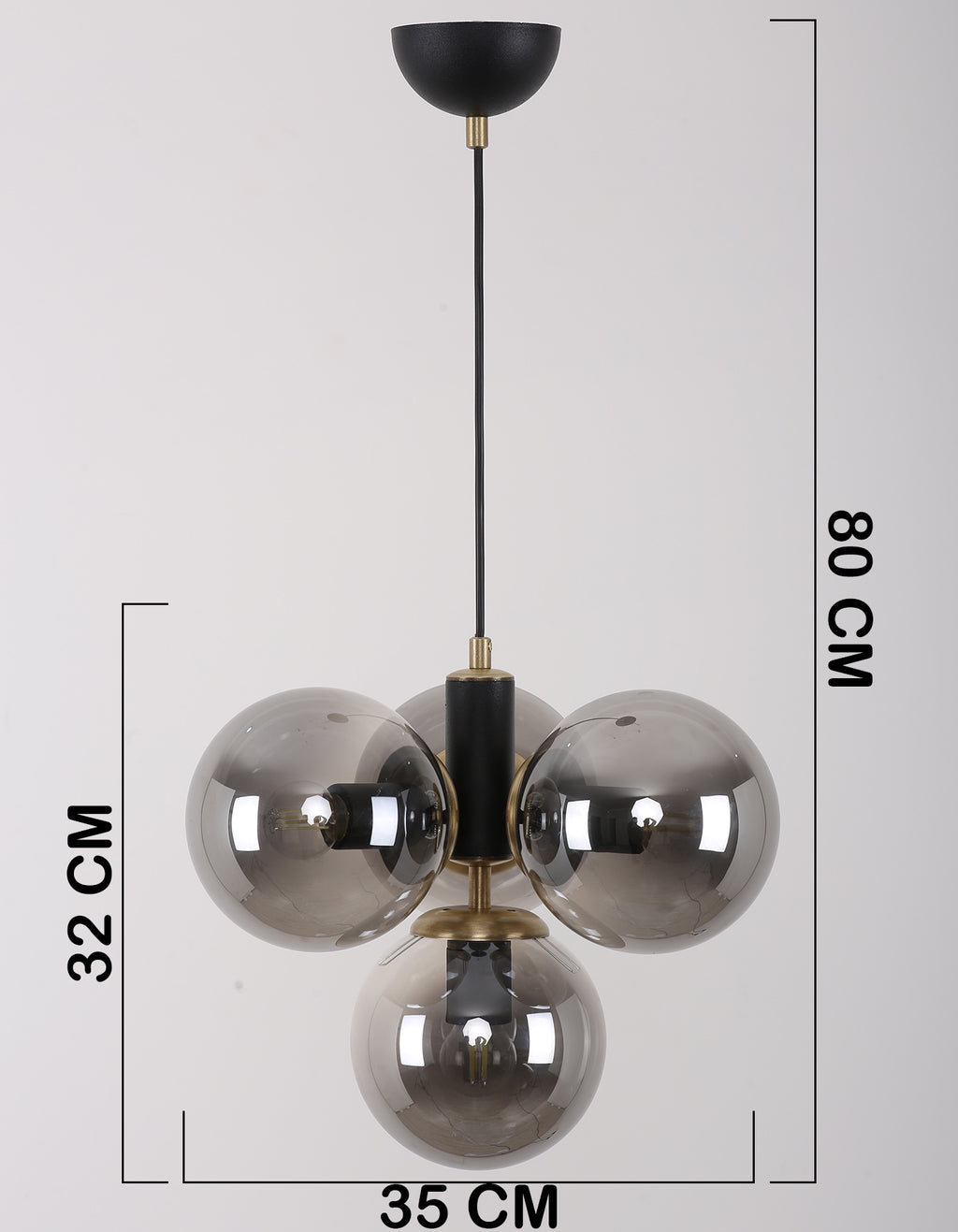 Dimensions de la suspension 4 globes fumés, largeur 35 cm et hauteur jusqu’à 80 cm