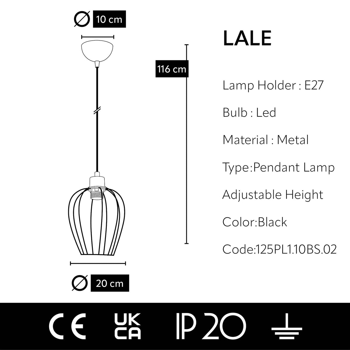 Schéma dimensions suspension cage sphérique noire Ø20 cm hauteur 116 cm