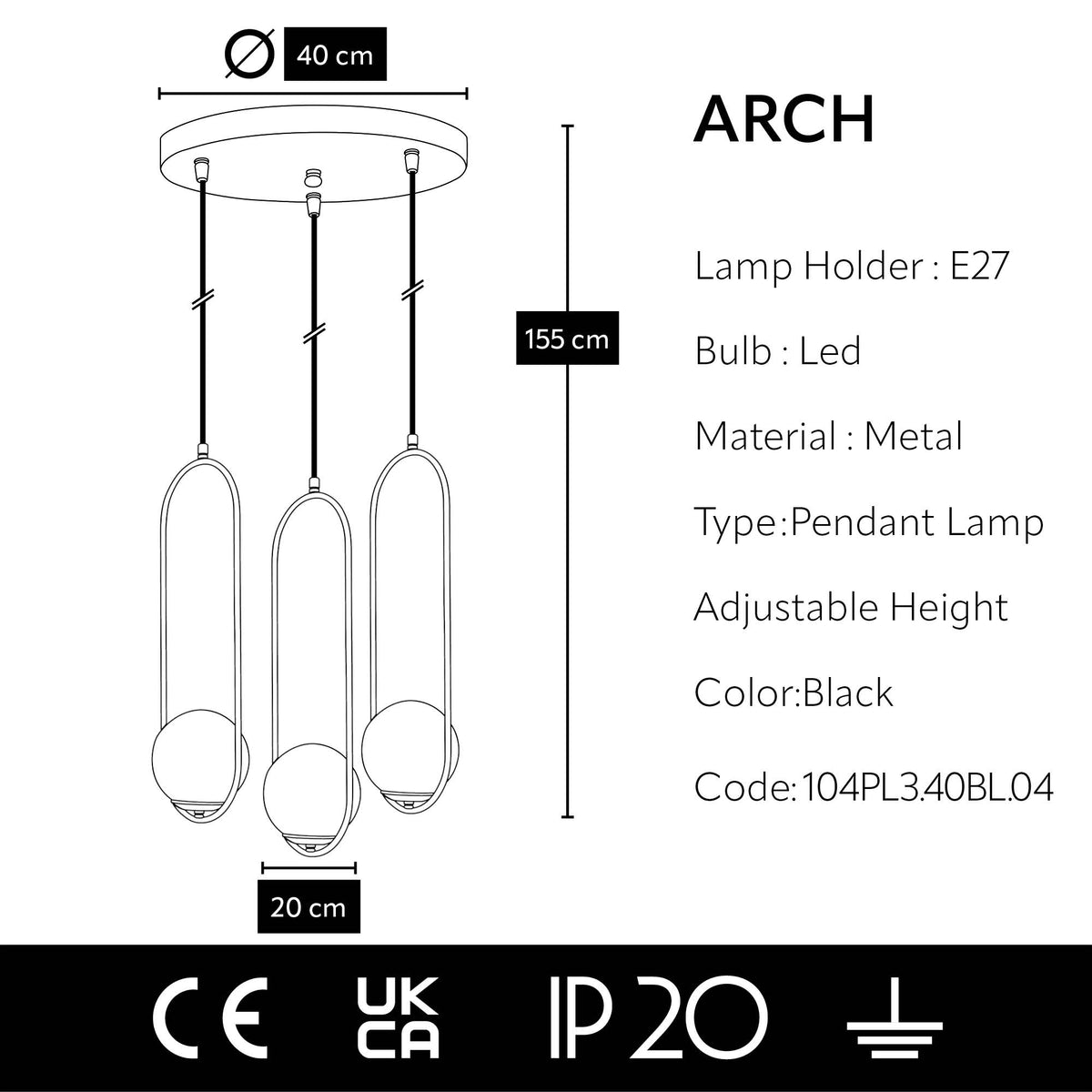 Dimensions de la suspension cascade 3 globes avec rosace de 40 cm, hauteur réglable jusqu’à 155 cm et globes de 20 cm
