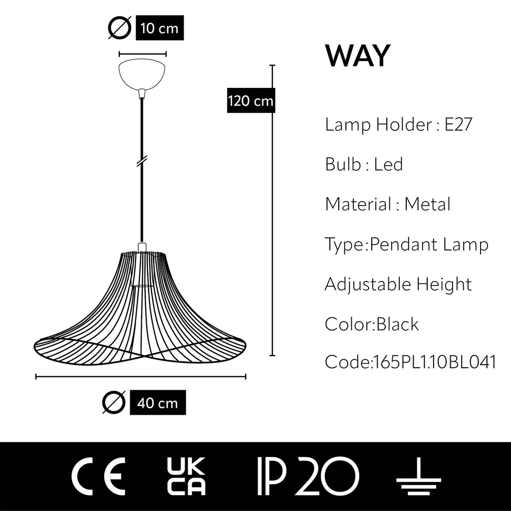 Schéma dimensions suspension dôme évasé noire Ø40 cm hauteur maximale 120 cm