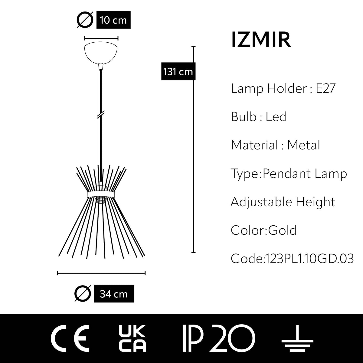 Schéma dimensions suspension dorée à rayons métalliques Ø34 cm hauteur 131 cm