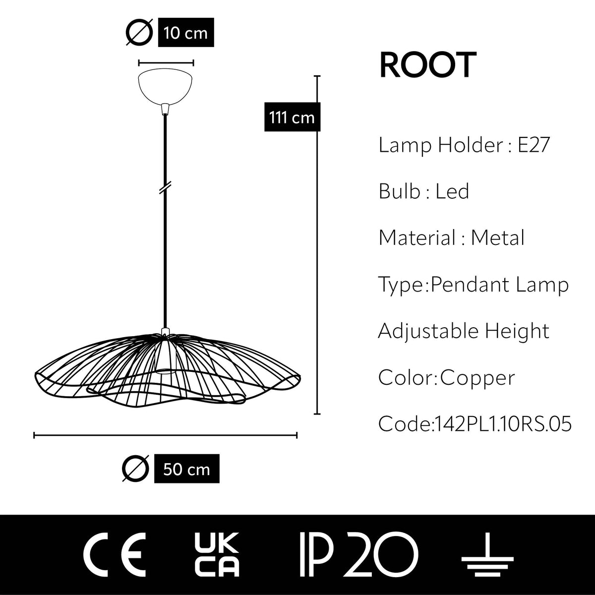 Schéma dimensions suspension filaire cuivrée rosée Ø50 cm hauteur maximale 111 cm