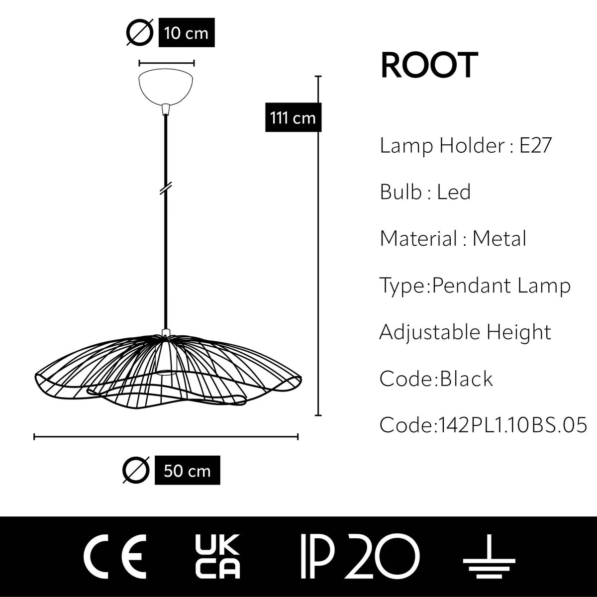 Schéma dimensions suspension filaire évasée noire Ø50 cm hauteur maximale 111 cm