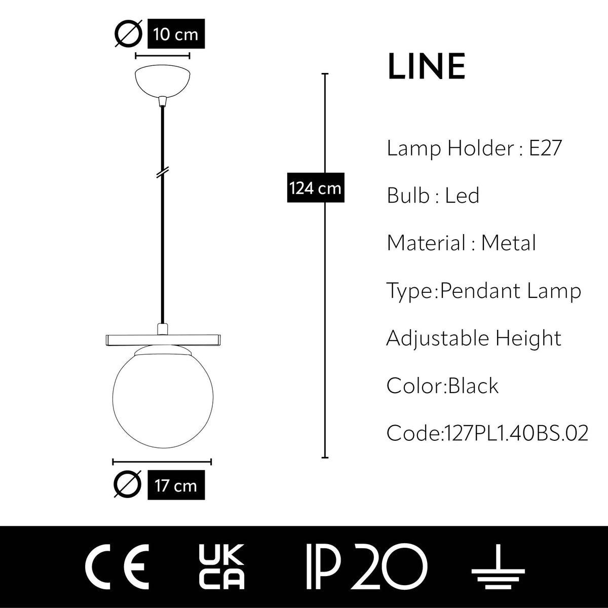 Dimensions de la suspension globe blanc opale, largeur 17 cm, globe 15 cm et hauteur totale 124 cm