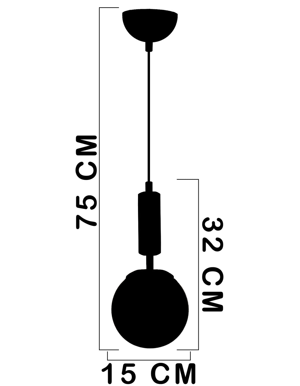 Dimensions de la suspension globe blanc opale, hauteur totale 75 cm, luminaire 32 cm et globe 15 cm