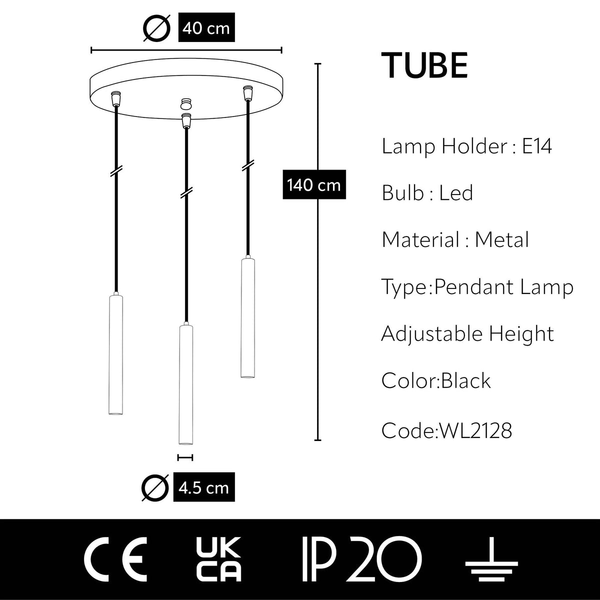 Dimensions et caractéristiques techniques de la suspension triple à 3 cylindres noir mat