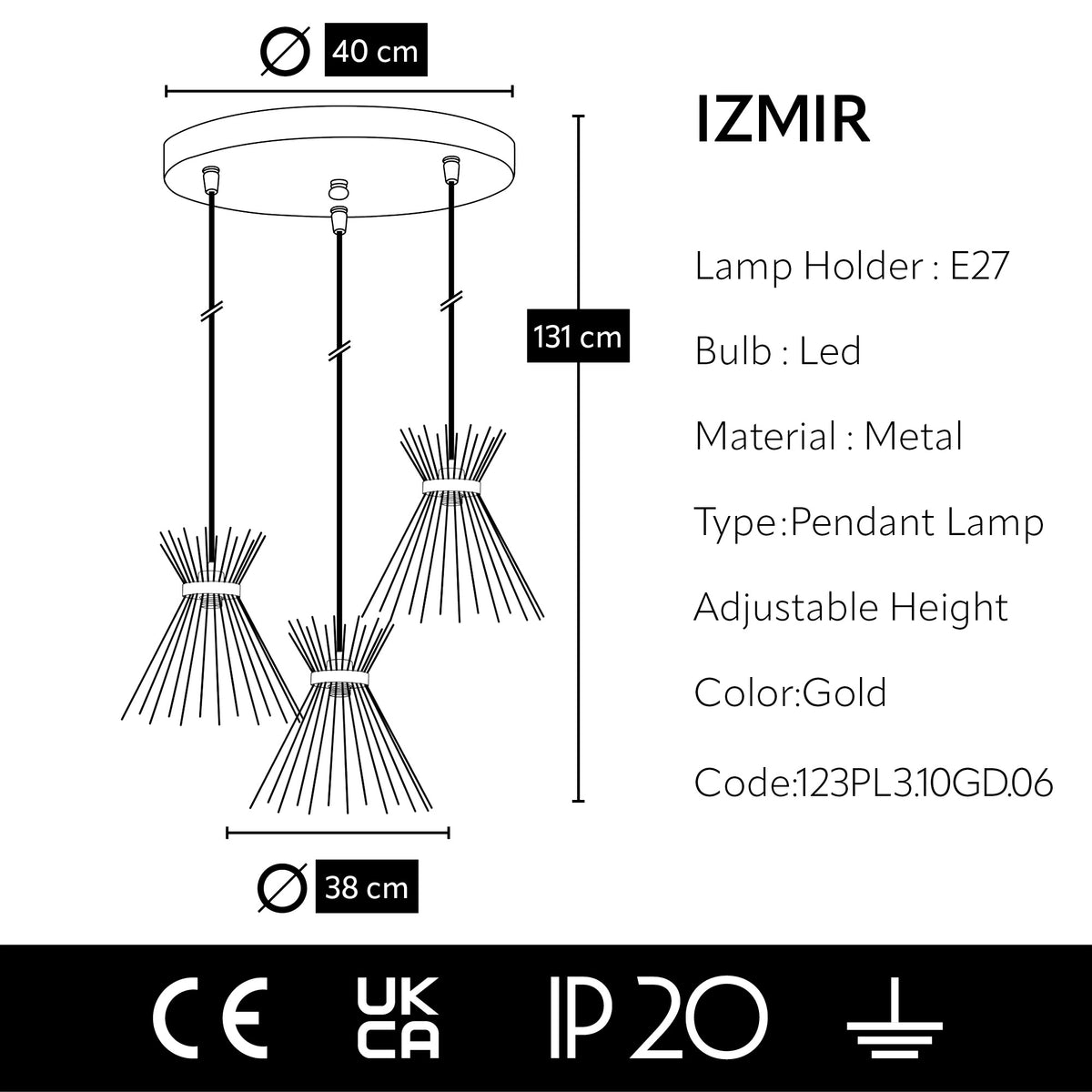 Schéma dimensions suspension triple dorée avec rosace Ø40 cm, éléments Ø38 cm et hauteur 131 cm