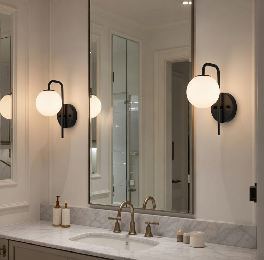 Ensemble de 2 Appliques Murales Globe Blanc Opale Design Moderne Noir