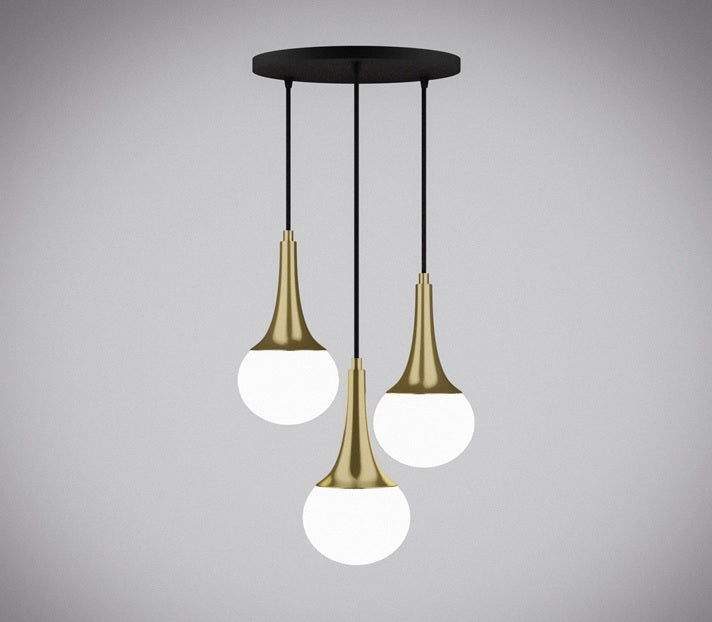 
Détail cols coniques dorés effilés lustre 3 globes opale blanc E27 design sculptural